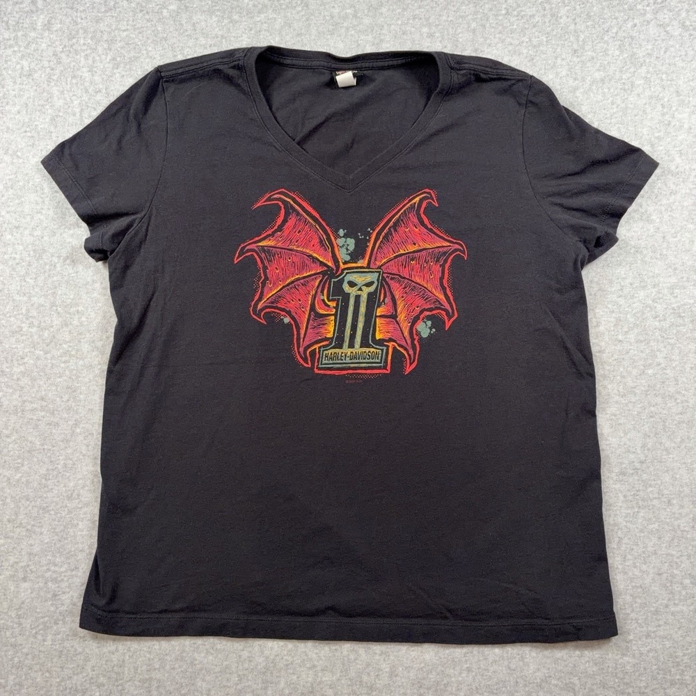 Harley-Davidson Womens 2X Black Cotton V Neck Skull Wings Graphic Tee AX86Z82
